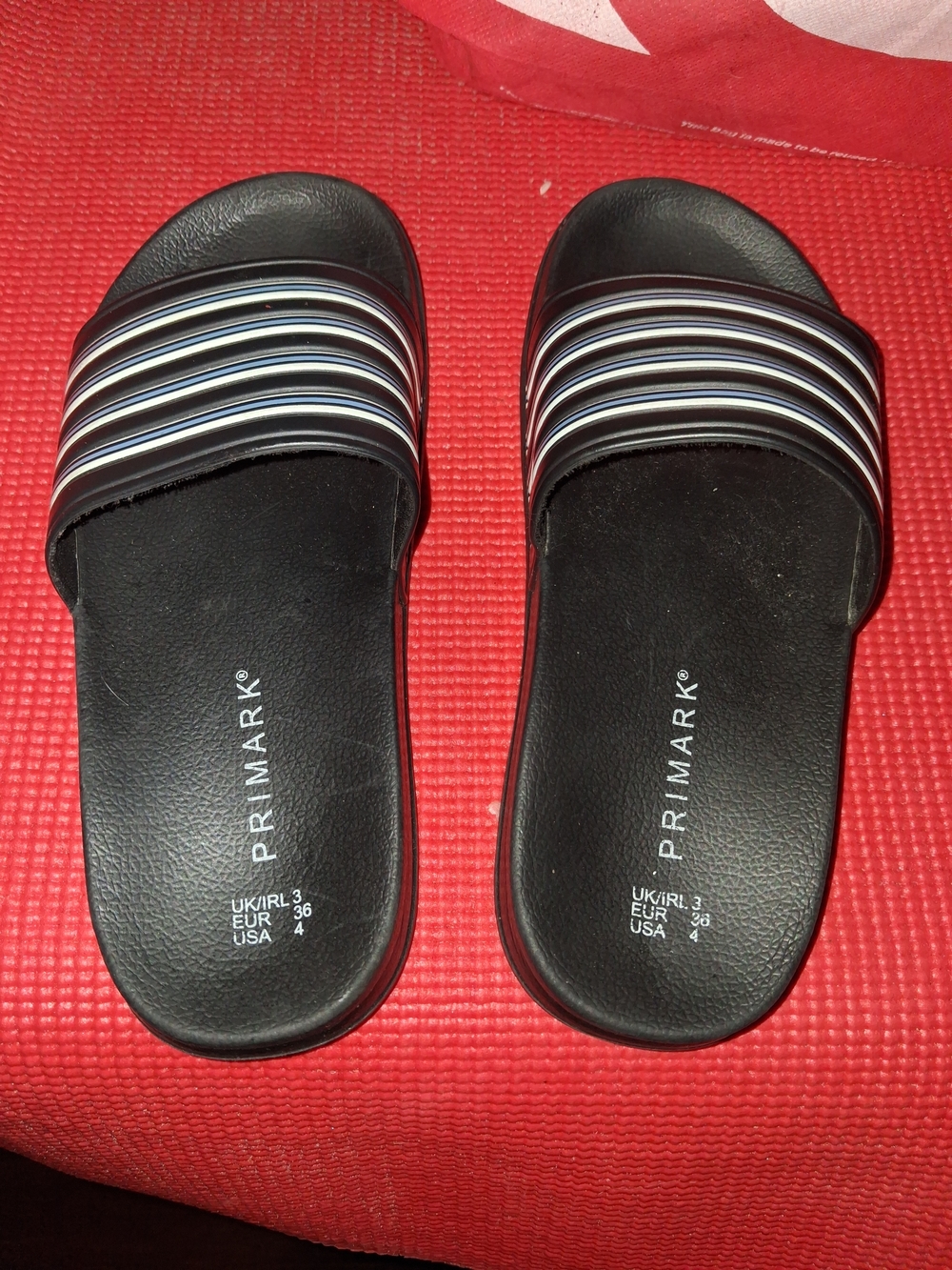 Primark Cushioned Black Slides with White and Light Blue Striped Strap Size 4